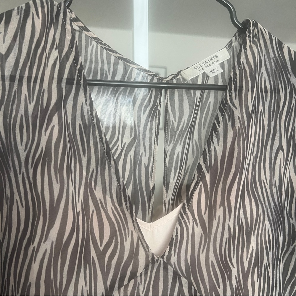 AllSaints Marley Animal Print Boho Dress Sheer Mini Ruffled Hipster SZ 2 - Picture 5 of 12